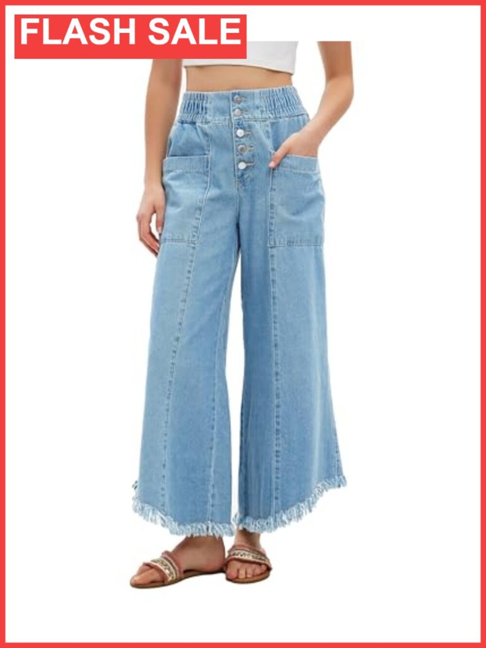 Women's Baggy Wide Leg Cropped Jeans Elastic Waist Boyfriend Raw Hem Denim